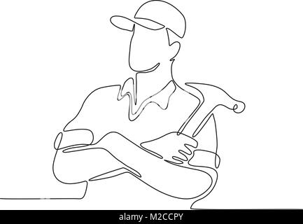 Continuous line drawing illustration of a builder, carpenter or construction worker arms crossed with hammer done in sketch or doodle style. Stock Vector
