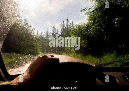 Car Photo Raining POV driving scene from inside a car with hands on steering wheel, open ...