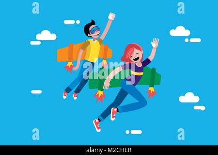 Cute Boy and Girl Fliying in the sky. Thhey are wearing wings and rockets in their back. Children vector illustration in a flat, minimal style. Stock Vector