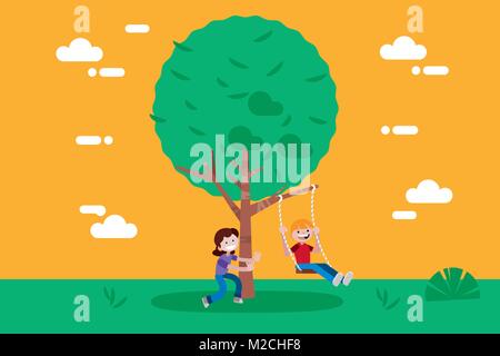 Children (boy and girl) swinging on a Swing Tree. Vector illustration in a flat minimal style. Stock Vector