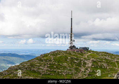 Mount Ulriken in Norway. Aerial view on the mountain lake and town by the fjords. Stock Photo