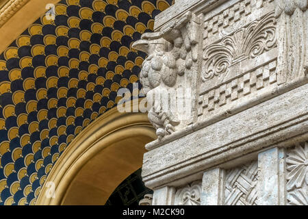 House building facade. Detail of painted decoration on vaulted ceiling. Architect Gino Coppedè. Art Deco style. Rome, Italy. Close up, low angle view. Stock Photo