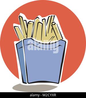 French fries in red paper box cartoon vector illustration Stock Vector