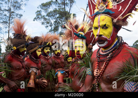 Huli Wigmen perform a tribal dance at the Mount Hagen Cultural Show in Papua New Guinea. Stock Photo