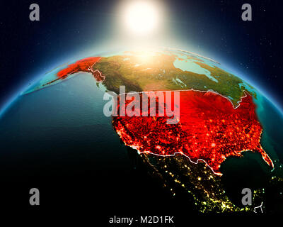 Sunrise above USA highlighted in red on model of planet Earth in space ...