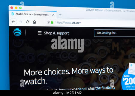 LONDON, UK - JANUARY 25TH 2018: The homepage of the official website for AT&T Inc - the American multinational conglomerate holding company, on 25th J Stock Photo