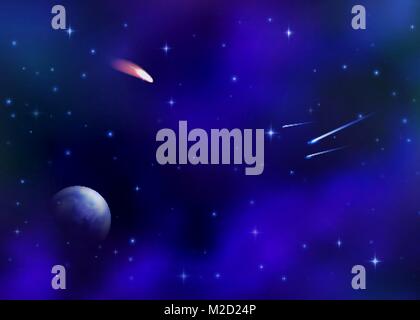 Cosmic galaxy background with colorful nebula, milky way and bright shining stars. Outer space with falling stars comet Earth planet starburst asteroid and meteor. Sky vector illustration of Universe. Stock Vector