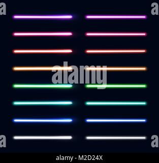 Neon light tubes set. Colorful glowing stripes collection isolated on dark blue background. Luminous elements for game design. Futuristic vector illustration. EPS 10 Stock Vector