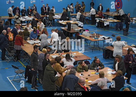 The Alyn & Deeside By-election count in Connahs Quay, North Wales, caused by the death of , Labour AM Carl Sargeant, after he was dismissed from the Welsh Government cabinet and suspended from the Labour Party over allegations about his personal conduct. Stock Photo