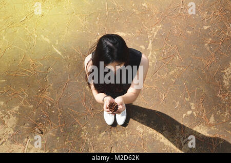 Girl hold pine cone in her hands (high angle) Stock Photo