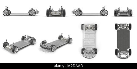 Electric car Chassis renders set from different angles on a white. 3D illustration Stock Photo