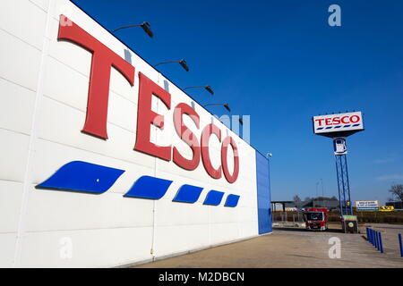 TABOR, CZECH REPUBLIC - FEBRUARY 6 2018: Tesco company logo on the supermarket building on February 6, 2018 in Tabor, Czech Republic. Stock Photo