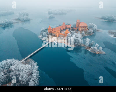 Trakai Island Castle, winter season, aerial view. History Museum. Lithuania in winter