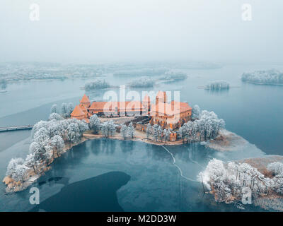 Trakai Island Castle, winter season, aerial view. History Museum. Lithuania in winter