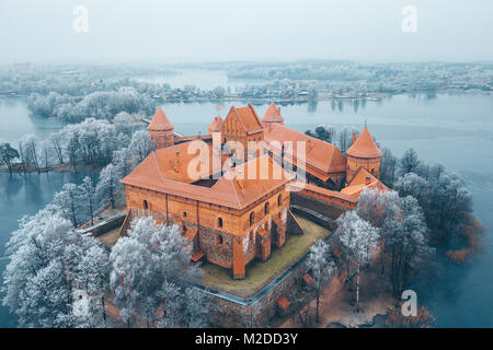 Trakai Island Castle, winter season, aerial view. History Museum. Lithuania in winter