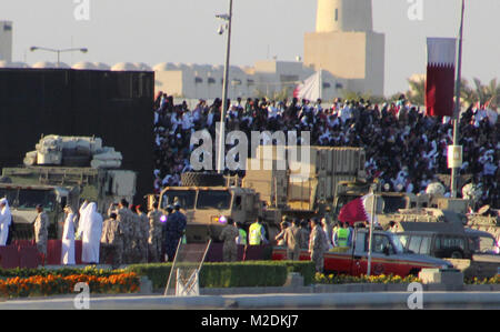 The 2nd Battalion, 43rd Air Defense Artillery “Warriors” Regiment, 11th Air Defense Artillery Brigade, participated in the Qatar National Day Parade, providing a Patriot launcher driven by Warrior Soldiers Dec. 18, 2017, in Doha, Qatar. (U.S. Army Stock Photo