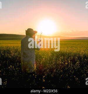 Woman examining wildflowers in field at sunset Stock Photo