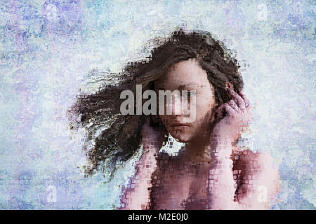 Wind blowing hair of pixelated woman Stock Photo