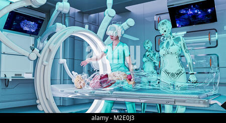 Doctor wearing virtual reality helmet treating transparent patient Stock Photo