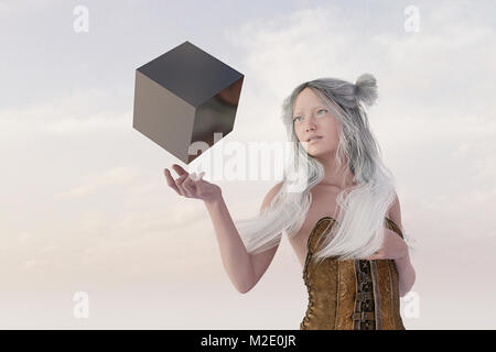Woman watching floating cube Stock Photo