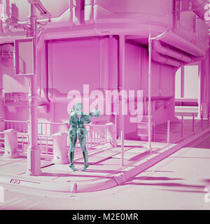 Robot couple hugging in futuristic pink city Stock Photo