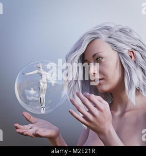 Women watching robot woman in floating sphere Stock Photo