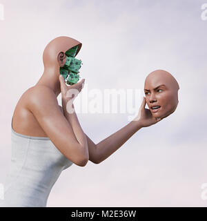 Robot woman holding removable face mask and circuits Stock Photo