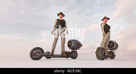 Police officers riding futuristic skateboards Stock Photo