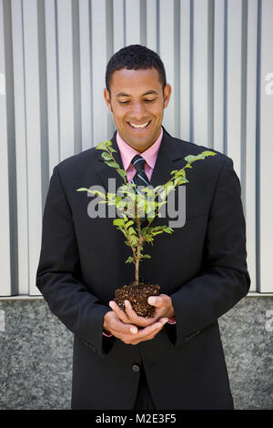 Smiling mixed race businessman holding seedling Stock Photo