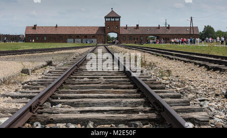 Railway line and Entrance Building, Birkenau Concentration Camp, Poland Stock Photo