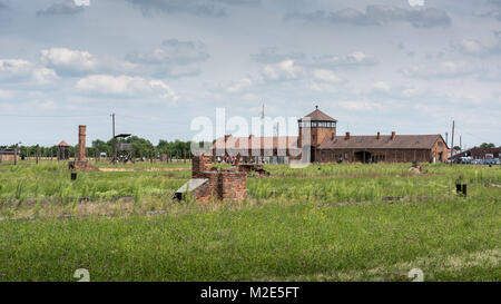 Entrance Building and Barrack Remains, Birkenau Concentration Camp, Poland Stock Photo