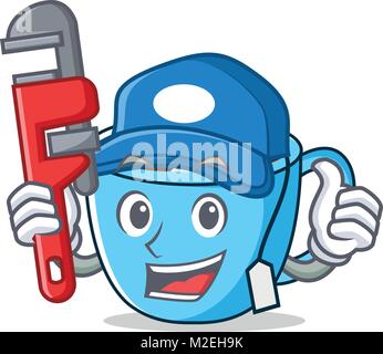 Plumber tea cup mascot cartoon Stock Vector