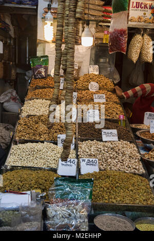 Nuts and dried fruit for sale in the Khari Baoli Spice Market, Old Delhi, India Stock Photo