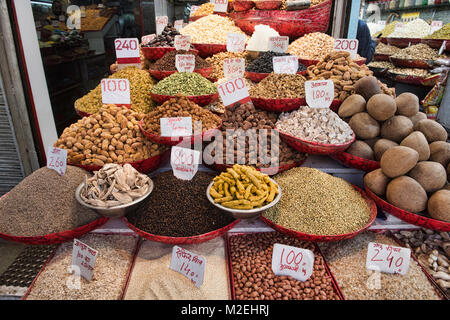 Nuts and dried fruit for sale in the Khari Baoli Spice Market, Old Delhi, India Stock Photo