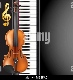 piano and violin realistic musical instruments, golden g clef an Stock Vector