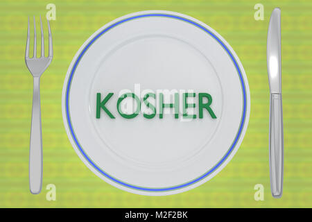 3D illustration of KOSHER title on a white plate, along with silver knif and fork, on a pale green background. Stock Photo
