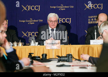 Frank-Walter Steinmeier, President of the Federal Republic of Germany speaks during a news conference at the Foreign Correspondents' Club of Japan on February 7, 2018, Tokyo, Japan. Steinmeier spoke about the European perspective on regional stability in Asia including North Korea behavior and US influence in the Korean Peninsula. Steinmeier met Japan's Prime Minister Shinzo Abe during this official visit. Credit: Rodrigo Reyes Marin/AFLO/Alamy Live News Stock Photo