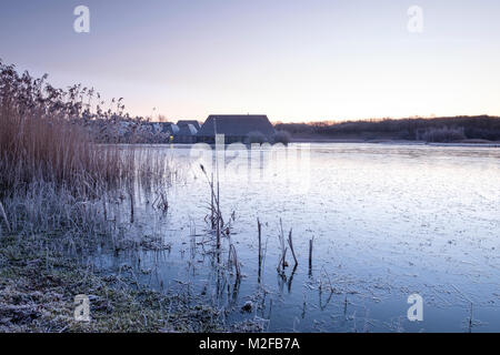 Preston UK. 7th February 2018. UK Weather. It was a bright but cold start to the day in Lancashire with temperatures below zero first thing. The 'lakes' at Brockholes Nature Reserve started to ice over before the sun rose and the temperatures rose slightly. Credit: Paul Melling/Alamy Live News Stock Photo