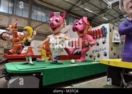 A float with the theme '#Meetoo' pictured during the presentation ceremony of the commemorative floats for the Cologne Carnival Parade 2018 in Cologne, Germany, 06 February 2018. Floats are unveiled for the first time during this ceremony ahead of their parade through the streets of Cologne on Shrove Monday. Photo: Horst Galuschka/dpa Stock Photo