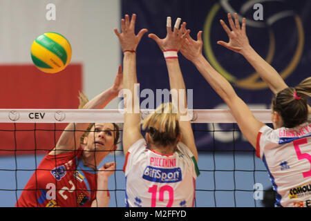 Prostejov, Czech Republic. 07th Feb, 2018. Helena Horka of Prostejov, left, and Francesca Piccinini of Novara, center, in action during the Women's Volleyball European Champions League 4th ground match VK Prostejov vs Gorgonzola Novara in Prostejov, Czech Republic, February 7, 2018. Credit: Libor Teichmann/CTK Photo/Alamy Live News Stock Photo