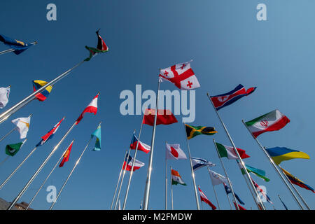 South Korea. 8th February, 2018. Flags at the Olympic village, Olympic Winter Games PyeongChang 2018, PyeongChang, South Korea on February 8th 2018 Credit: Enrico Calderoni/AFLO SPORT/Alamy Live News Stock Photo