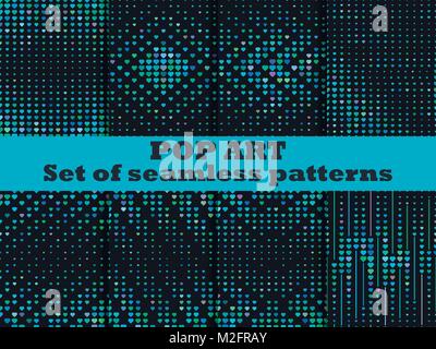 Halftone seamless pattern set, dotted backdrop with heart pop art style. St. Valentine's Day a collection of backgrounds. Vector illustration Stock Vector