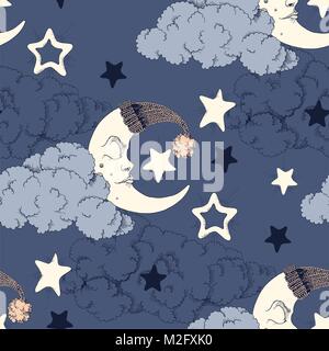 Clouds, stars and crescent vector seamless pattern Stock Vector