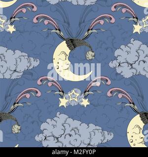 Clouds, stars and crescent vector seamless pattern Stock Vector