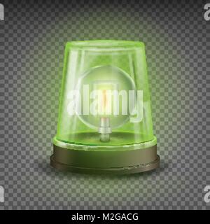 Green Flasher Siren Vector. Realistic Object. Light Effect. Rotation Beacon. Warning And Emergency Flashing Siren. Isolated On Transparent Background Illustration Stock Vector