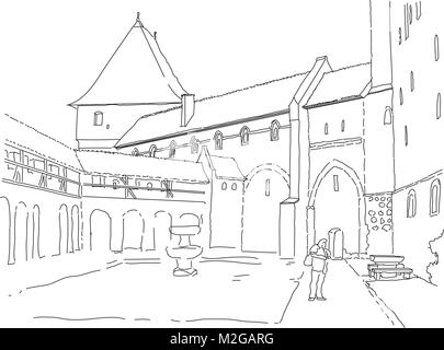 The courtyard of the old castle of the Crusaders. Malbork. Gothic Brick towers and walls. Northern Poland. Sketch. Vector. Stock Vector