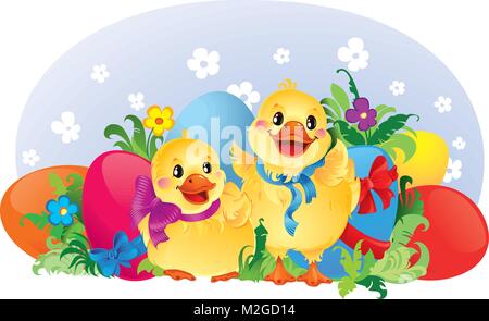 Easter vector greeting card with cute little ducklings, flowers, ribbons and Easter eggs. Stock Vector