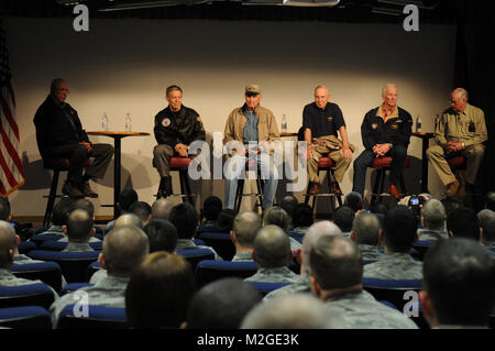 Members from the Legends of Aerospace Tour talk to Airmen at the Kisling Noncommisioned Officer Academy March 5, 2010, Kapaun Air Station, Germany. The American icons (from left to right) David Hartman, original Host of Good Morning America, retired Brig. Gen. Steve Ritchie, Robert Gilliland, Jim Lovell, Apollo 13 commander, Gene Cernan, the last man to walk on the moon, and Neil Armstrong, visited Airmen in U.S. Air Forces in Europe and downrange on their eight-day tour. (U.S. Air Force photo by Airman 1st Class Scott Saldukas) Legends of Aerospace Tour visits Germany by EUCOM Stock Photo