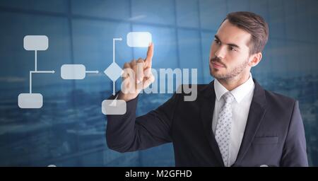 Man's Hand touching white wireframe Stock Photo