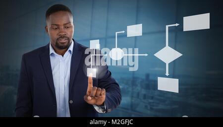 Man's hand touching white wireframe Stock Photo